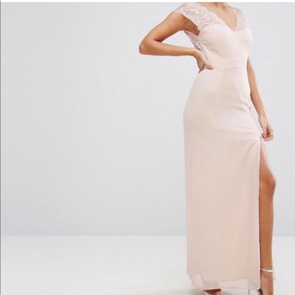 Elise Ryan Scalloped Nude Lace Maxi Dress with V Back and Thigh Slit - Picture 2 of 5